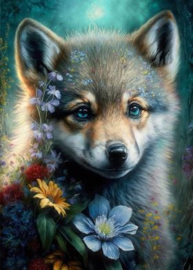 Baby Wolf with flowers