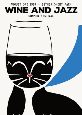 Wine and Jazz Cat Poster