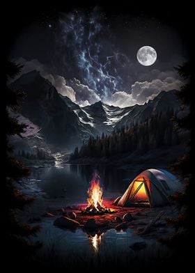 Lake Camping by Moonlight