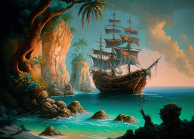 oil drawing pirate island