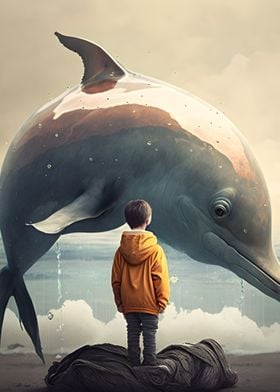Dolphin looking at a boy