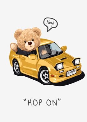 Bear doll in yellow car