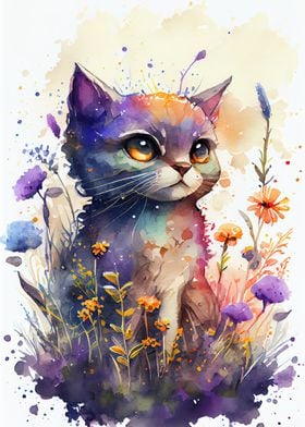 Watercolor Cat Flowers