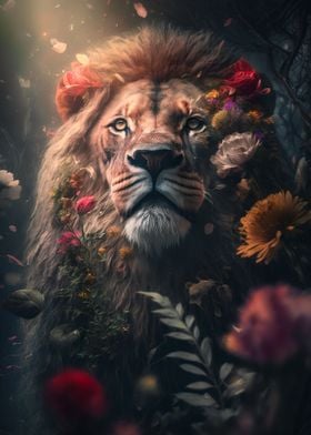 Lion Surrounded by Flowers