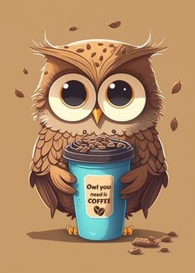 Cute Owl with Coffee Cup