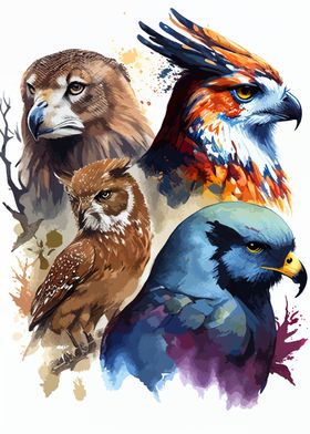 4 Birds Heads Watercolor