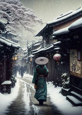 Snowy Japan Village Geisha