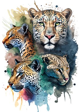 4 leopards head watercolor