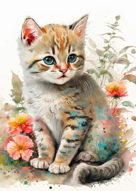 Watercolor Cat Flowers