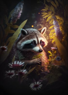 Forest Flowers Raccoon