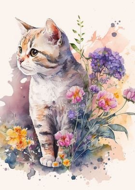 Watercolor Cat Flowers