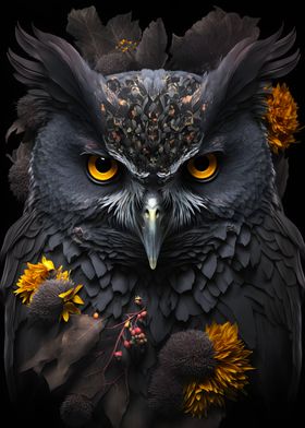 owl face with flowers art 