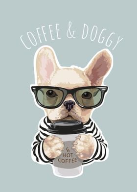 Cute dog holding coffee