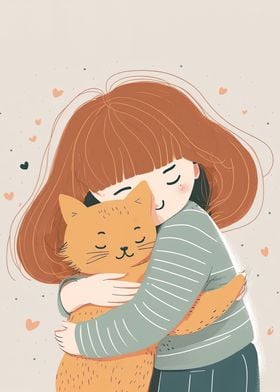 Girl and Cat Hug with Love