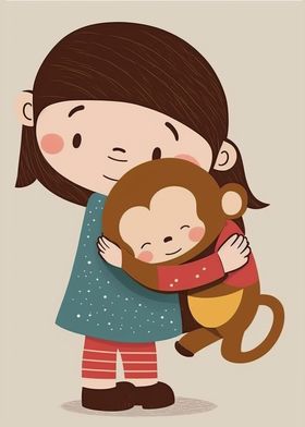 Girl and Monkey Hug Cute