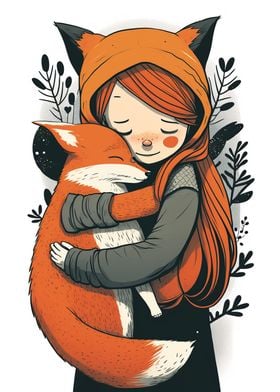 Girl and Fox Hug Cute