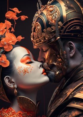 Geisha and Samurai kiss 