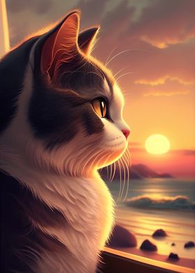 Cute Cat Looking At Sunset