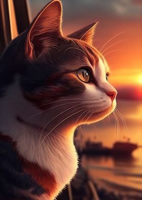 Cute Cat Looking At Sunset