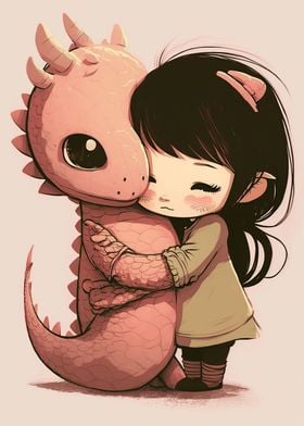 Girl and Dino Hug Cute