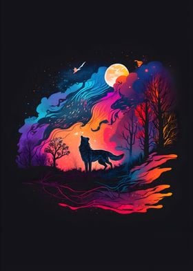 coloful night wolf