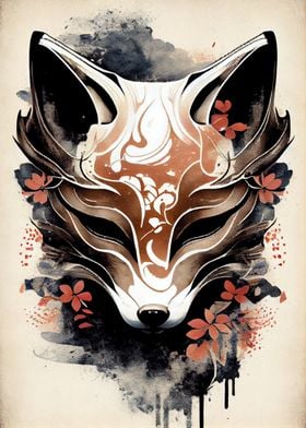 Kitsune Fox Mask Ink Wash