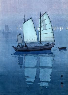 Ukiyo e Sailboats Night