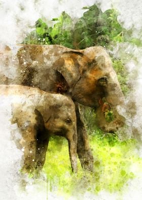 Watercolor Elephant family