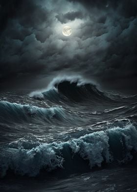 Ocean storm with moon