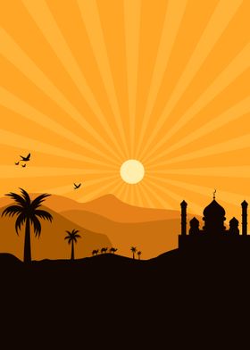 islamic sunset on desert