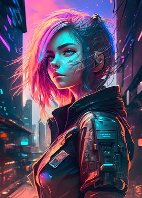 Cute Cyberpunk Anime Girl Character | Poster