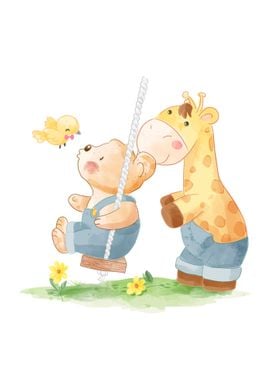 Cute bear and giraffe