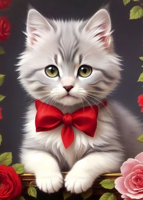 Grey Cat with Red Bow Tie