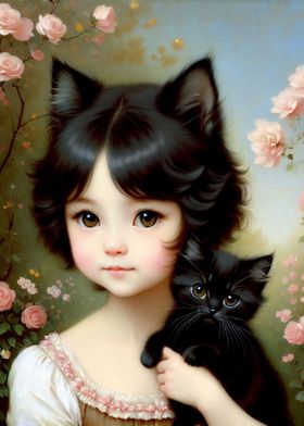 Girl with Black Kitten