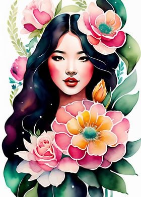 Watercolor Floral Girl