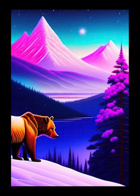 Pink Mountains And A Bear