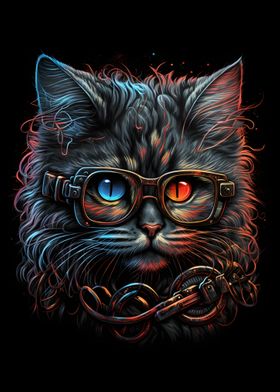 Retro Cat Art With Glasses