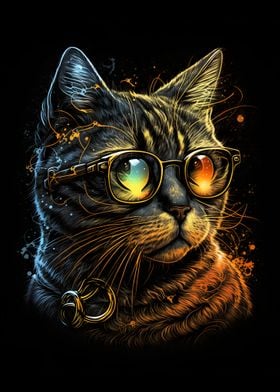 Retro Cat Art With Glasses