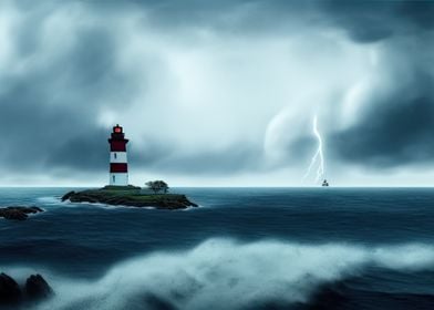 Sea scene with lighthouse