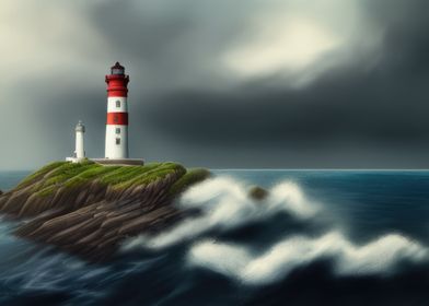 Sea scene with lighthouse