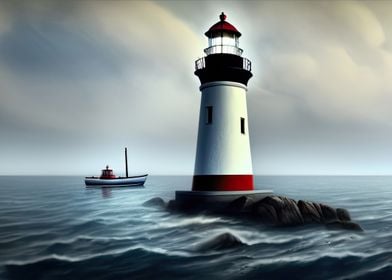 Sea scene with lighthouse