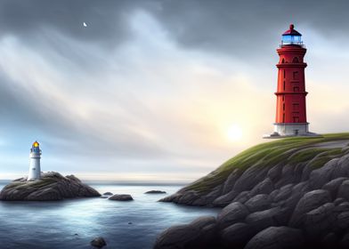 Sea scene with lighthouse