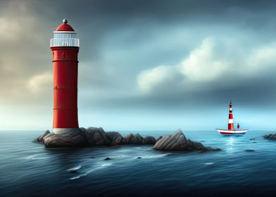 Sea scene with lighthouse