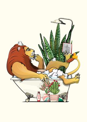 Lion reading in the Bath
