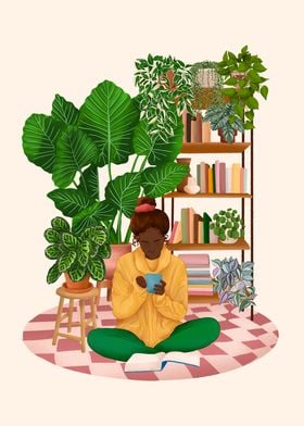 Plant lover reading in a r