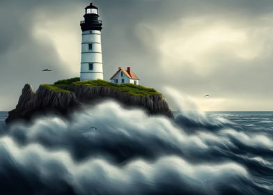 Sea scene with lighthouse