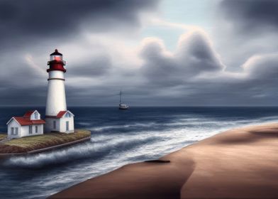 Sea scene with lighthouse