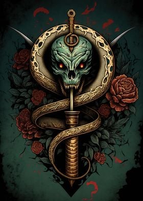 Snake with sword and skull