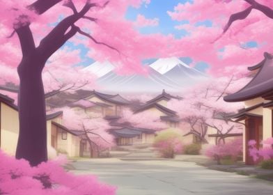 Japanese town with trees