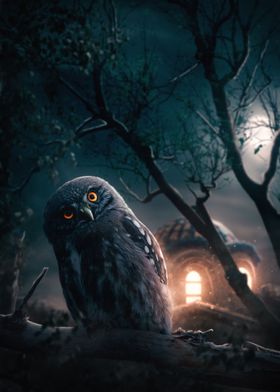 Mystic owl at full moon